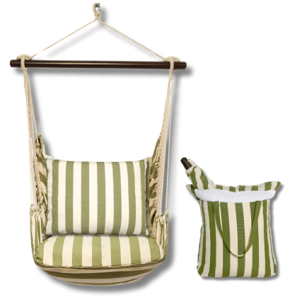 Multi colored outdoor swing crafted by the artisans of Magnolia Casual called the Swing Set 4 piece Summer Palms Stripe w/ Summer Palms Stripe featuring 100 percent weather resistant fabric, weather resistant polyester fabric, handcrafted shown against a clean backdrop featuring with a stripe motif.