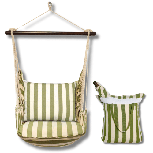 Multi colored outdoor swing crafted by the artisans of Magnolia Casual called the Swing Set 4 piece Summer Palms Stripe w/ Summer Palms Stripe featuring 100 percent weather resistant fabric, weather resistant polyester fabric, handcrafted shown against a clean backdrop featuring with a stripe motif.
