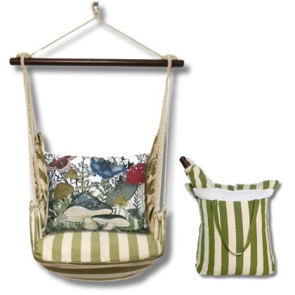Multi colored outdoor swing crafted by the artisans of Magnolia Casual called the Swing Set 4 piece Summer Palms Stripe w/ Botanical Mushrooms 2 featuring 100 percent weather resistant fabric, weather resistant polyester fabric, handcrafted shown against a clean backdrop featuring with a stripe motif.