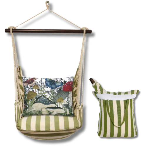 Multi colored outdoor swing crafted by the artisans of Magnolia Casual called the Swing Set 4 piece Summer Palms Stripe w/ Botanical Mushrooms 2 featuring 100 percent weather resistant fabric, weather resistant polyester fabric, handcrafted shown against a clean backdrop featuring with a stripe motif.