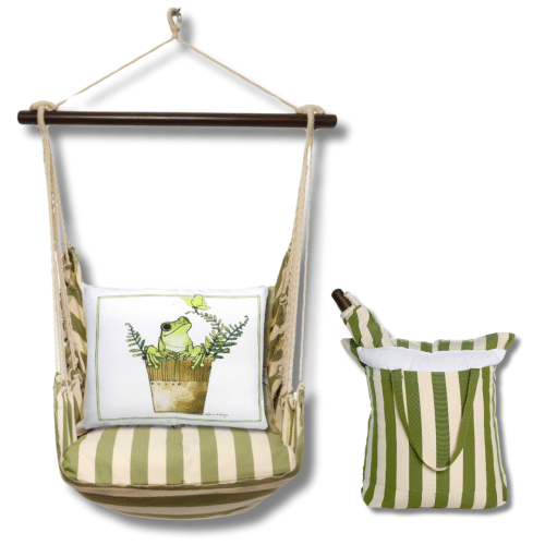 Multi colored outdoor swing crafted by the artisans of Magnolia Casual called the Swing Set 4 piece Summer Palms Stripe w/ Frog in Pot featuring 100 percent weather resistant fabric, weather resistant polyester fabric, handcrafted shown against a clean backdrop featuring with a stripe motif.