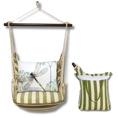 Multi colored outdoor swing crafted by the artisans of Magnolia Casual called the Swing Set 4 piece Summer Palms Stripe w/ Dragonfly Wisp featuring 100 percent weather resistant fabric, weather resistant polyester fabric, handcrafted shown against a clean backdrop featuring with a stripe motif.