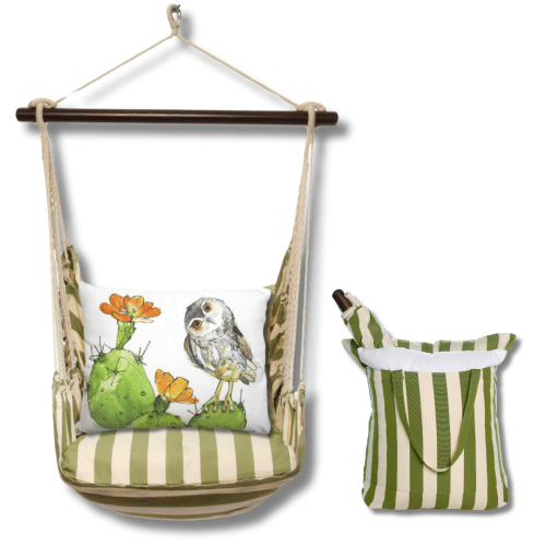 Multi colored outdoor swing crafted by the artisans of Magnolia Casual called the Swing Set 4 piece Summer Palms Stripe w/ Owl on Prickly Cactus featuring 100 percent weather resistant fabric, weather resistant polyester fabric, handcrafted shown against a clean backdrop featuring with a stripe motif.