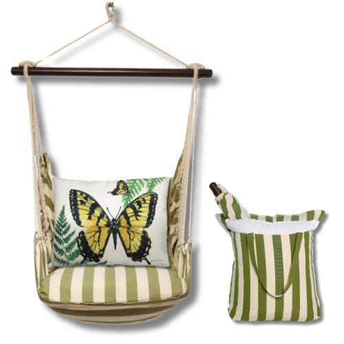 Multi colored outdoor swing crafted by the artisans of Magnolia Casual called the Swing Set 4 piece Summer Palms Stripe w/ Beautiful Butterfly featuring 100 percent weather resistant fabric, weather resistant polyester fabric, handcrafted shown against a clean backdrop featuring with a stripe motif.