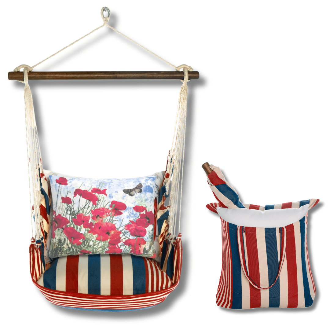 SSTC901-SP Multi colored outdoor swing crafted by the artisans of Magnolia Casual called the Swing Set 4 piece Stars & Stripes w/ Butterfly & Poppies featuring 100 percent weather resistant fabric, weather resistant polyester fabric, handcrafted shown against a clean backdrop featuring with a stripes motif.