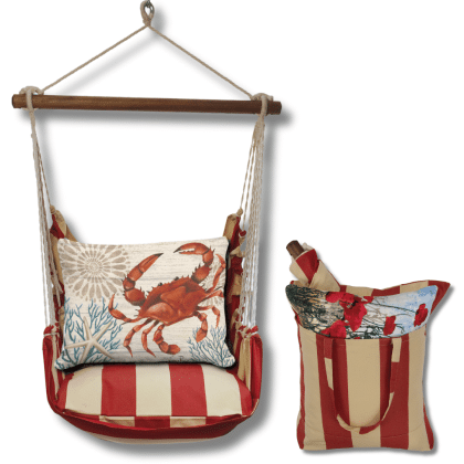 Multi colored outdoor swing crafted by the artisans of Magnolia Casual called the Swing Set 4 piece Americana Stripe w/ Crab with Corals featuring 100 percent weather resistant fabric, weather resistant polyester fabric, handcrafted shown against a clean backdrop featuring with a stripe motif.