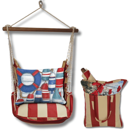 Red outdoor swing crafted by the artisans of Magnolia Casual called the Swing Set 4 piece Americana Stripe w/ Red and Blue Buoys featuring 100 percent weather resistant fabric, weather resistant polyester fabric, handcrafted shown against a clean backdrop featuring with a stripe motif and shades of red and blue.