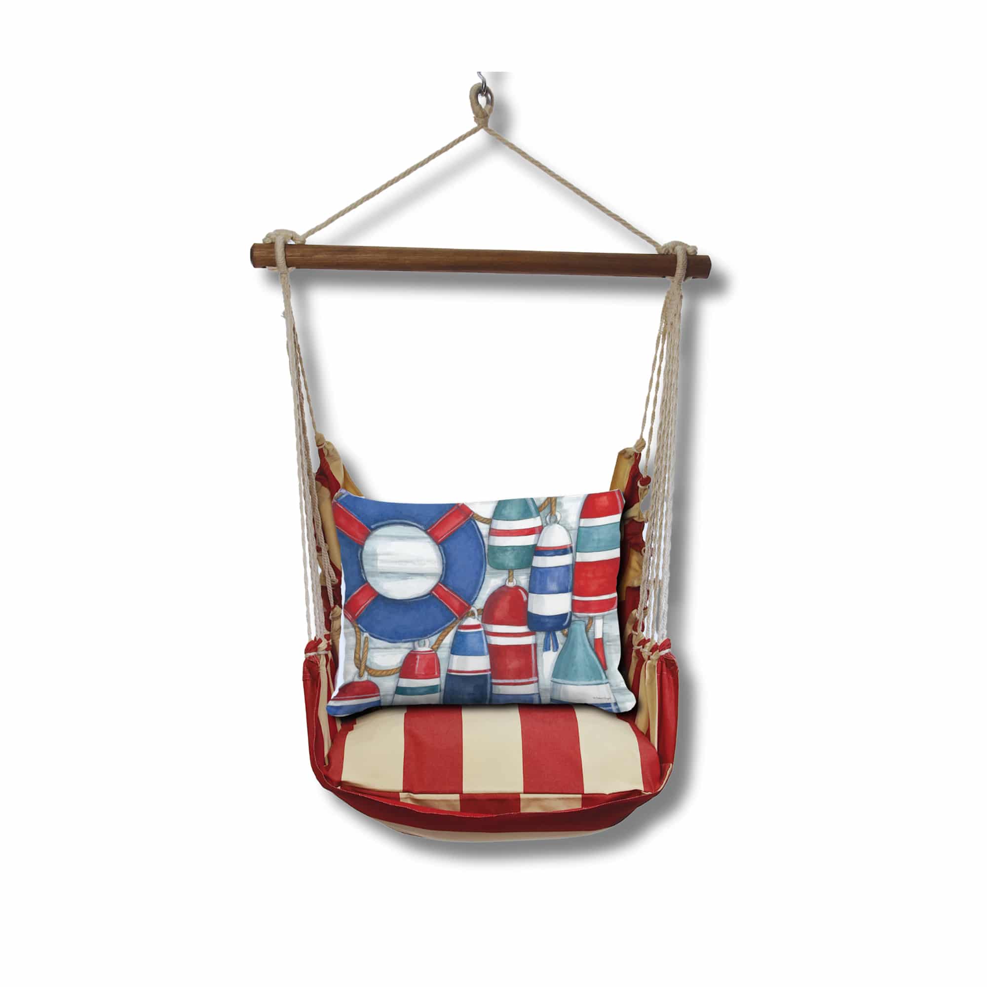 Red outdoor swing crafted by the artisans of Magnolia Casual called the Swing Set 4 piece Americana Stripe w/ Red and Blue Buoys featuring 100 percent weather resistant fabric, weather resistant polyester fabric, handcrafted shown against a clean backdrop featuring with a stripe motif and shades of red and blue.