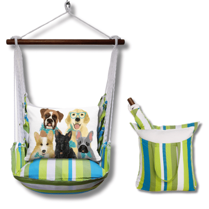 Multi colored outdoor swing crafted by the artisans of Magnolia Casual called the Swing Set 4 piece Beach Boulevard Stripe w/ Dog Portrait featuring 100 percent weather resistant fabric, weather resistant polyester fabric shown against a clean backdrop featuring with a stripe motif.