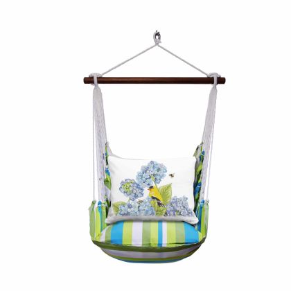 Yellow outdoor swing crafted by the artisans of Magnolia Casual called the Swing Set 4 piece Beach Boulevard Stripe w/ Yellow Bird with Hydrangeas featuring 100 percent weather resistant fabric, weather resistant polyester fabric shown against a clean backdrop featuring with a stripe motif and shades of yellow.