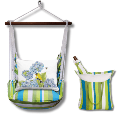 Yellow outdoor swing crafted by the artisans of Magnolia Casual called the Swing Set 4 piece Beach Boulevard Stripe w/ Yellow Bird with Hydrangeas featuring 100 percent weather resistant fabric, weather resistant polyester fabric shown against a clean backdrop featuring with a stripe motif and shades of yellow.