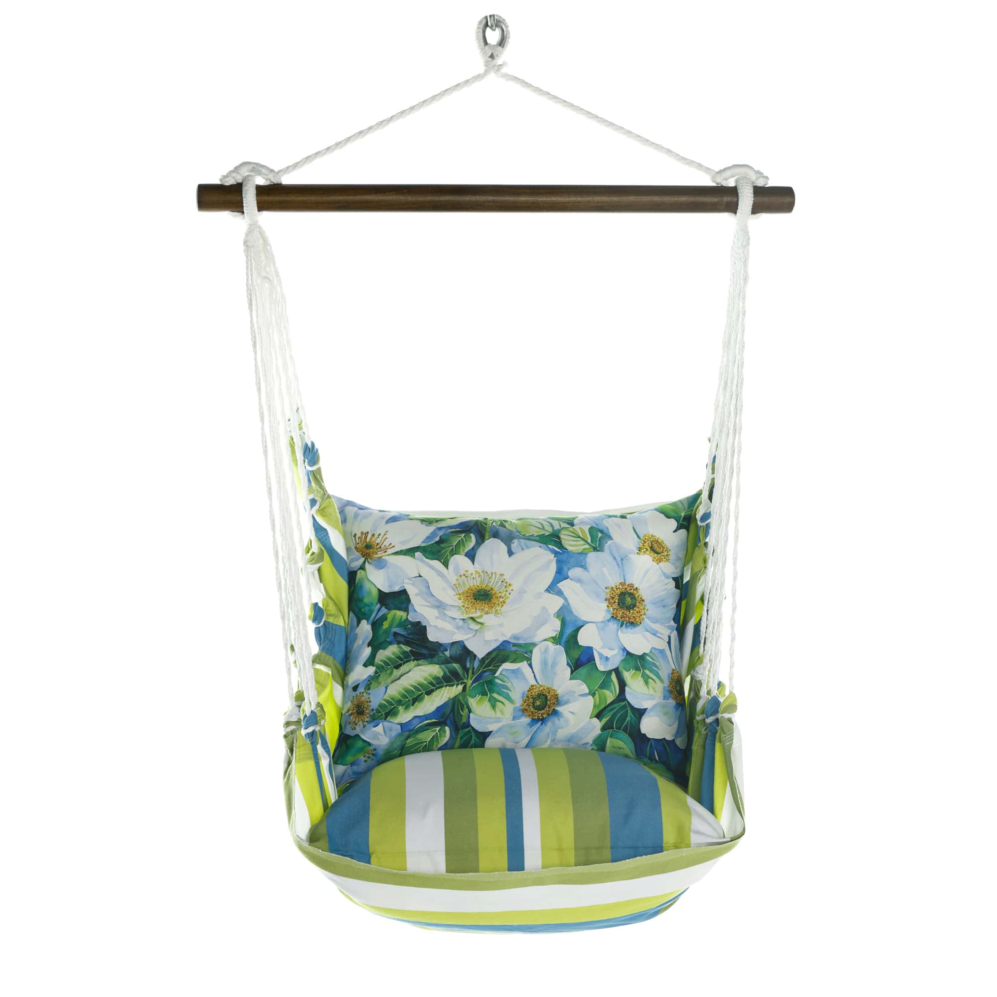 White outdoor swing crafted by the artisans of Magnolia Casual called the Swing Set 4 piece Beach Boulevard Stripe w/ White Anemone Flowers featuring 100 percent weather resistant fabric, weather resistant polyester fabric shown against a clean backdrop featuring with a stripe motif and shades of white.