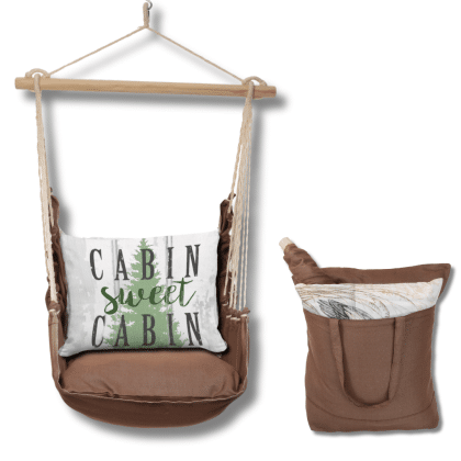 Multi colored outdoor swing crafted by the artisans of Magnolia Casual called the Swing Set 4 piece Chocolate Solid w/ Cabin Sweet Cabin featuring 100 percent weather resistant fabric, weather resistant polyester fabric, artisan, natural materials shown against a clean backdrop.
