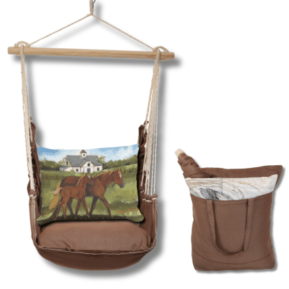 Brown outdoor swing crafted by the artisans of Magnolia Casual called the Swing Set 4 piece Chocolate Solid w/ Brown Horses featuring 100 percent weather resistant fabric, weather resistant polyester fabric, artisan, natural materials shown against a clean backdrop featuring shades of brown.