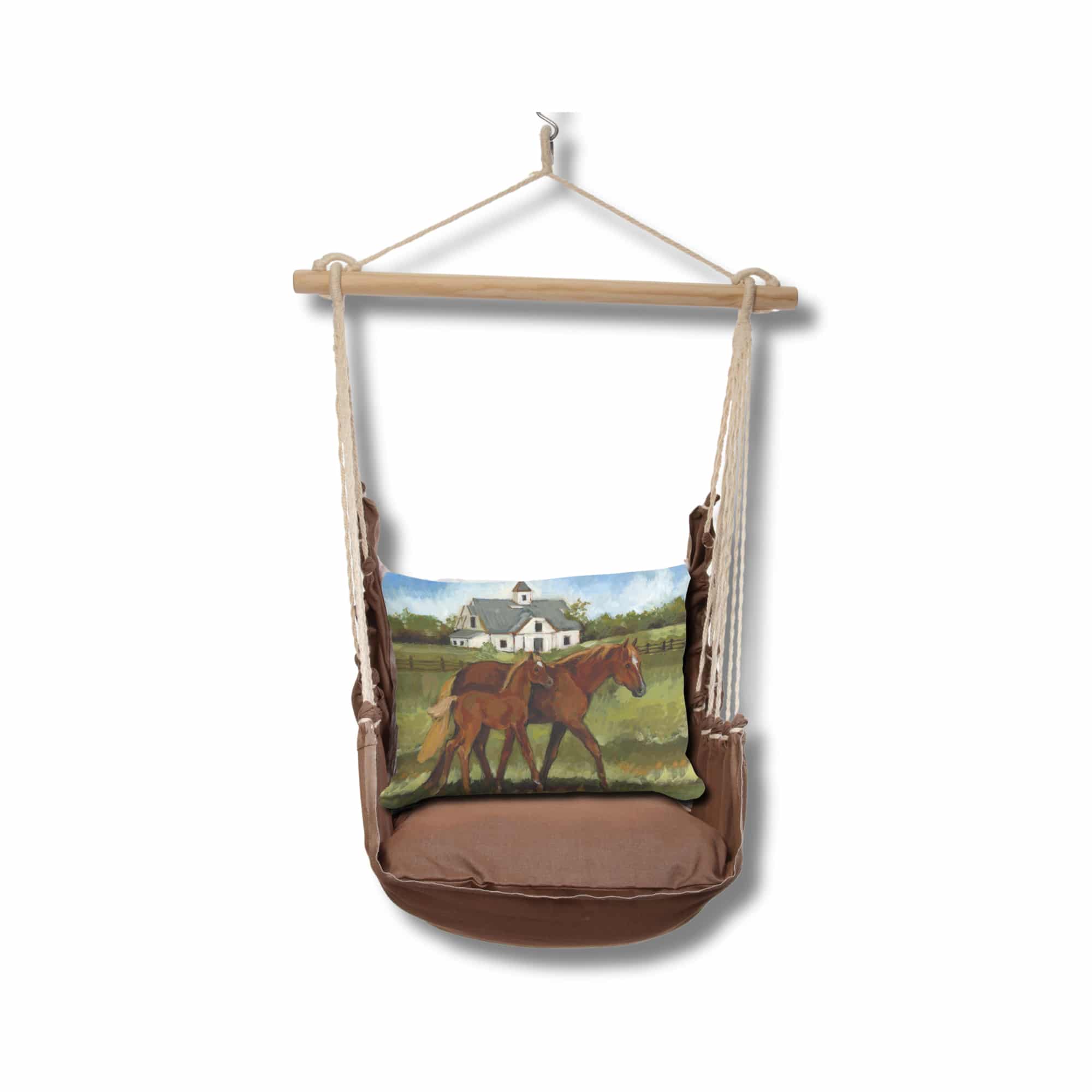 Brown outdoor swing crafted by the artisans of Magnolia Casual called the Swing Set 4 piece Chocolate Solid w/ Brown Horses featuring 100 percent weather resistant fabric, weather resistant polyester fabric, artisan, natural materials shown against a clean backdrop featuring shades of brown.