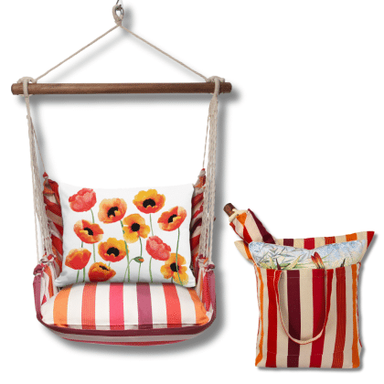 Multi colored outdoor swing crafted by the artisans of Magnolia Casual called the Swing Set 4 piece Cristina Stripe w/ Poppy Blossoms featuring 100 percent weather resistant fabric, weather resistant polyester fabric, handcrafted shown against a clean backdrop featuring with a stripe motif.