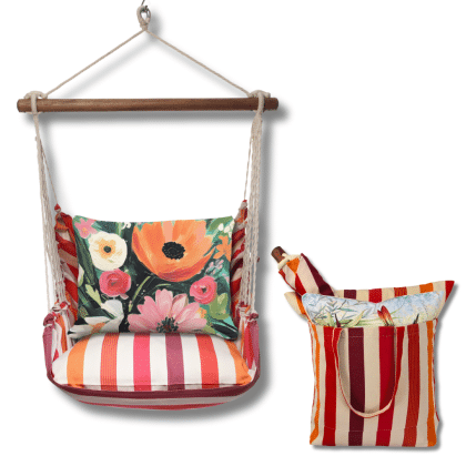 Multi colored outdoor swing crafted by the artisans of Magnolia Casual called the Swing Set 4 piece Cristina Stripe w/ Spring Fling featuring 100 percent weather resistant fabric, weather resistant polyester fabric, handcrafted shown against a clean backdrop featuring with a stripe motif.