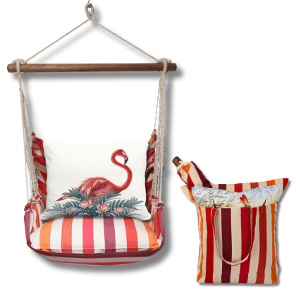 Pink outdoor swing crafted by the artisans of Magnolia Casual called the Swing Set 4 piece Cristina Stripe w/ Vivid Flamingo Pink featuring 100 percent weather resistant fabric, weather resistant polyester fabric, handcrafted shown against a clean backdrop featuring with a stripe motif and shades of pink.