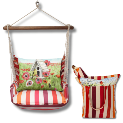 Yellow outdoor swing crafted by the artisans of Magnolia Casual called the Swing Set 4 piece Cristina Stripe w/ Yellow Birds and Poppy Field featuring 100 percent weather resistant fabric, weather resistant polyester fabric, handcrafted shown against a clean backdrop featuring with a stripe motif and shades of yellow.