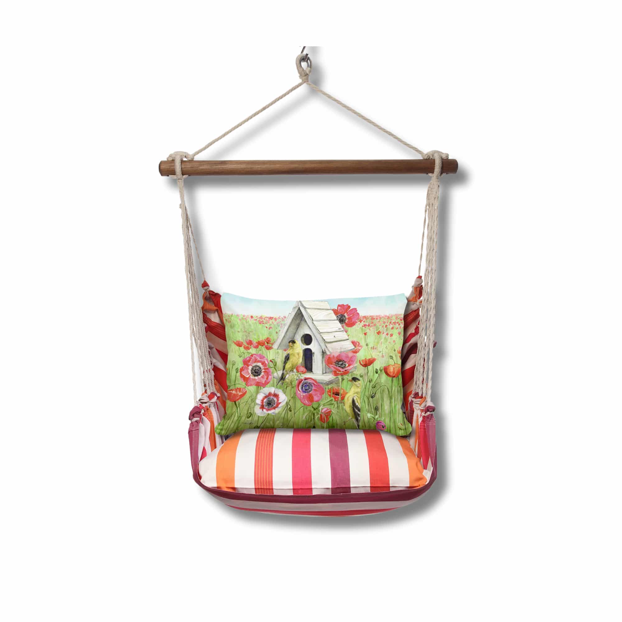 Yellow outdoor swing crafted by the artisans of Magnolia Casual called the Swing Set 4 piece Cristina Stripe w/ Yellow Birds and Poppy Field featuring 100 percent weather resistant fabric, weather resistant polyester fabric, handcrafted shown against a clean backdrop featuring with a stripe motif and shades of yellow.