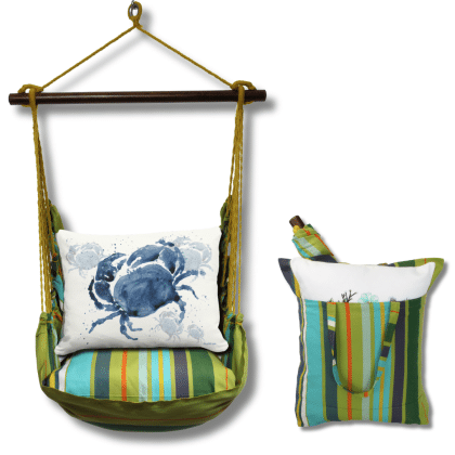 Multi colored outdoor swing crafted by the artisans of Magnolia Casual called the Swing Set 4 piece Citrus Stripe w/ Indigo Crab featuring 100 percent weather resistant fabric, weather resistant polyester fabric, handcrafted shown against a clean backdrop featuring with a stripe motif.