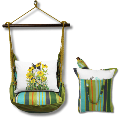 Multi colored outdoor swing crafted by the artisans of Magnolia Casual called the Swing Set 4 piece Citrus Stripe w/ Cat with Daisies featuring 100 percent weather resistant fabric, weather resistant polyester fabric, handcrafted shown against a clean backdrop featuring with a stripe motif.