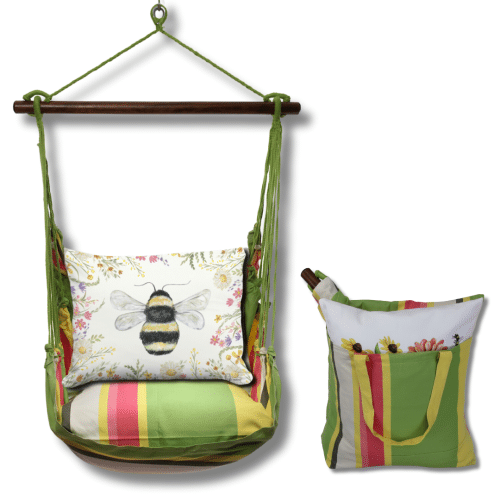 Multi colored outdoor swing crafted by the artisans of Magnolia Casual called the Swing Set 4 piece Fresh Lime Stripe w/ Floral Bee featuring 100 percent weather resistant fabric, weather resistant polyester fabric, handcrafted shown against a clean backdrop featuring with a stripe motif and shades of lime.