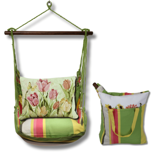 Pink outdoor swing crafted by the artisans of Magnolia Casual called the Swing Set 4 piece Fresh Lime Stripe w/ Pink and Yellow Tulips featuring 100 percent weather resistant fabric, weather resistant polyester fabric, handcrafted shown against a clean backdrop featuring with a stripe motif and shades of lime, pink and yellow.