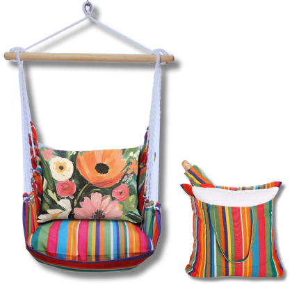 Multi colored outdoor swing crafted by the artisans of Magnolia Casual called the Swing Set 4 piece Le Jardin Stripe w/ Spring Fling featuring 100 percent weather resistant fabric, weather resistant polyester fabric, handcrafted shown against a clean backdrop featuring with a stripe motif.