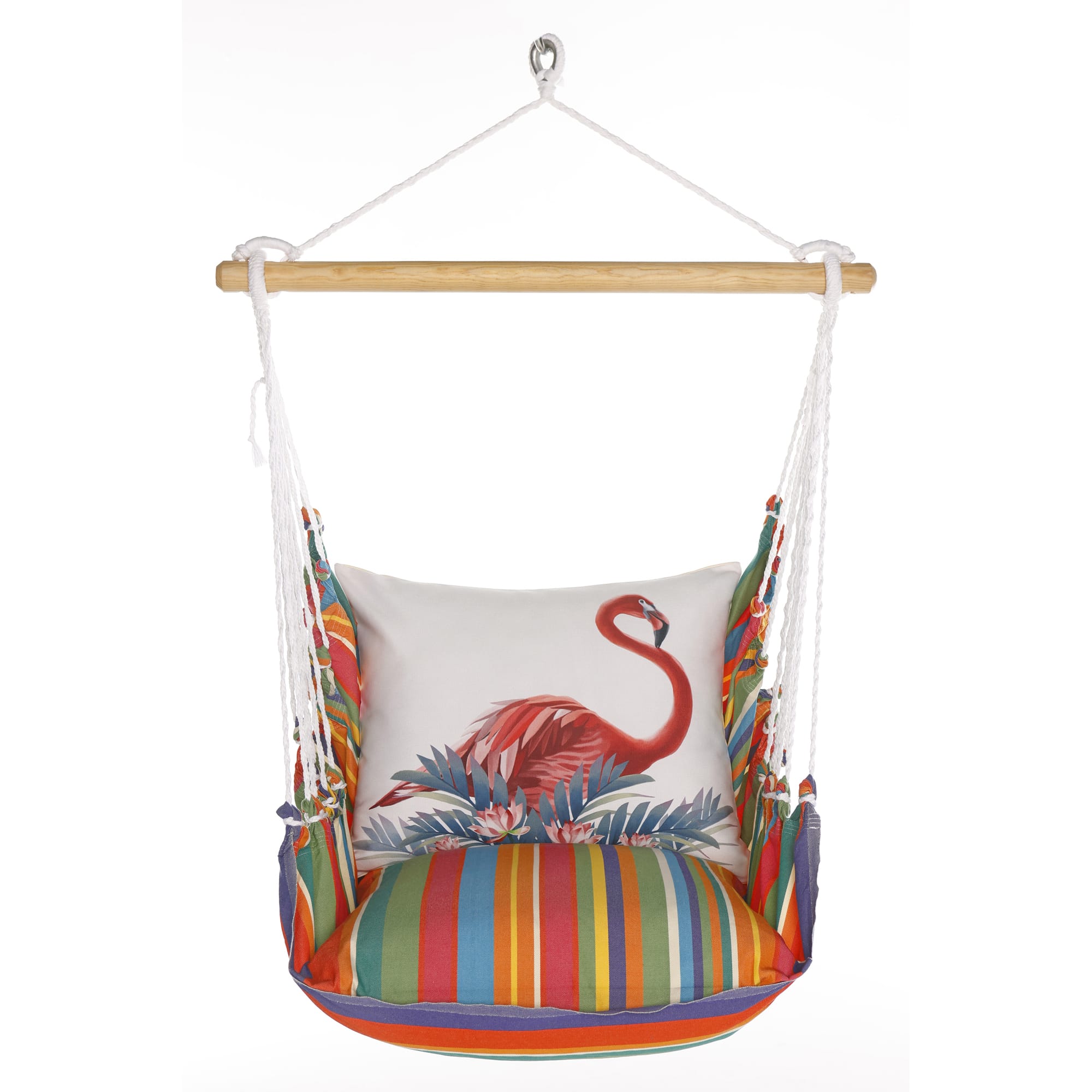 Pink outdoor swing crafted by the artisans of Magnolia Casual called the Swing Set 4 piece Le Jardin Stripe w/ Vivid Flamingo Pink featuring 100 percent weather resistant fabric, weather resistant polyester fabric, handcrafted shown against a clean backdrop featuring with a stripe motif and shades of pink.