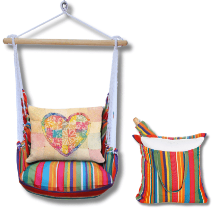 Multi colored outdoor swing crafted by the artisans of Magnolia Casual called the Swing Set 4 piece Le Jardin Stripe w/ Colorful Heart featuring 100 percent weather resistant fabric, weather resistant polyester fabric, handcrafted shown against a clean backdrop featuring with a stripe motif.