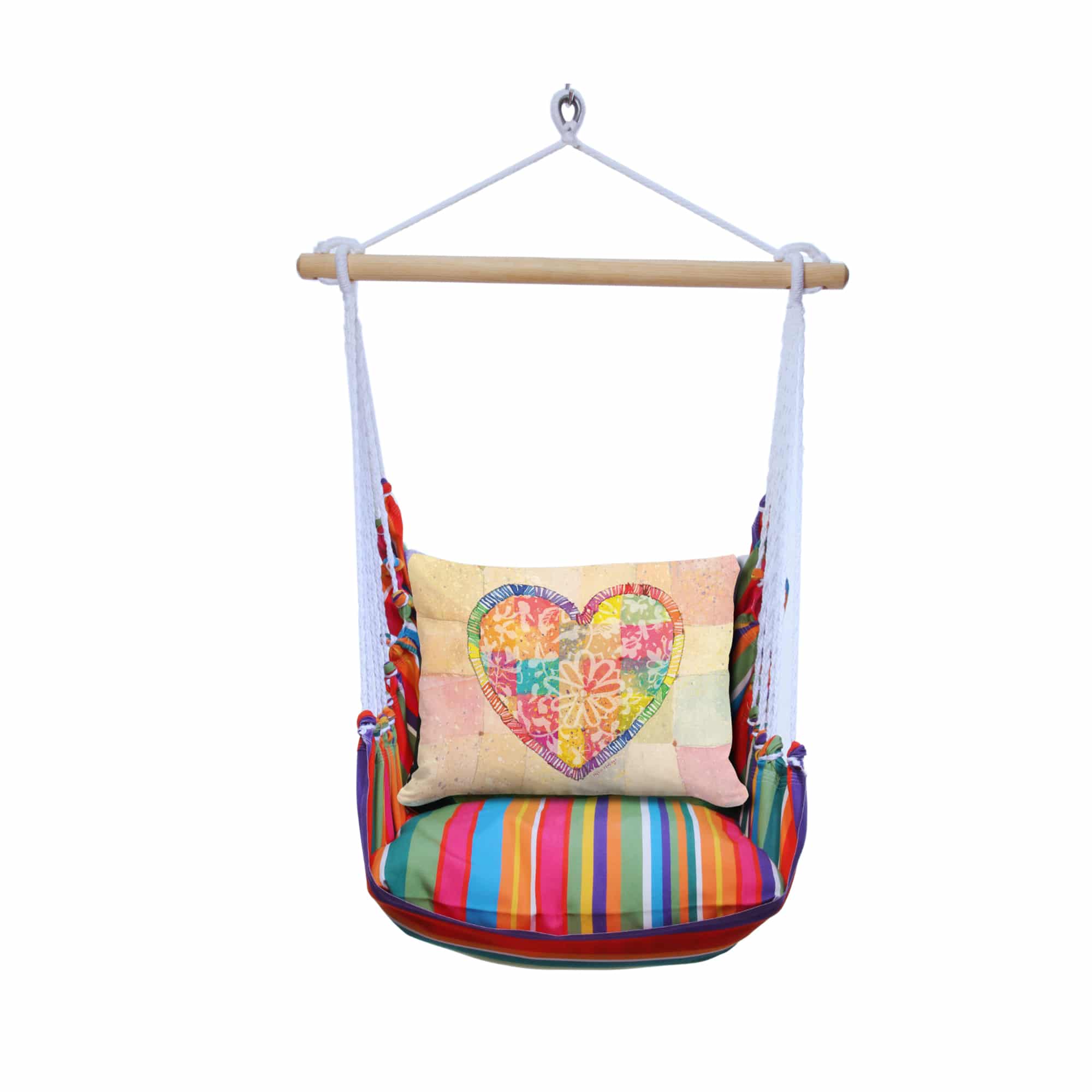 Multi colored outdoor swing crafted by the artisans of Magnolia Casual called the Swing Set 4 piece Le Jardin Stripe w/ Colorful Heart featuring 100 percent weather resistant fabric, weather resistant polyester fabric, handcrafted shown against a clean backdrop featuring with a stripe motif.