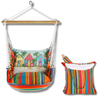 Multi colored outdoor swing crafted by the artisans of Magnolia Casual called the Swing Set 4 piece Le Jardin Stripe w/ Colorful Beach Cottages featuring 100 percent weather resistant fabric, weather resistant polyester fabric, handcrafted shown against a clean backdrop featuring with a stripe motif.