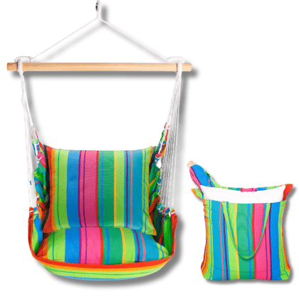 Multi colored outdoor swing crafted by the artisans of Magnolia Casual called the Swing Set 4 piece Le Jardin Nouveau w/ Le Jardin Nouveau featuring 100 percent weather resistant fabric, weather resistant polyester fabric, handcrafted shown against a clean backdrop.
