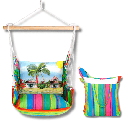 Multi colored outdoor swing crafted by the artisans of Magnolia Casual called the Swing Set 4 piece Le Jardin Nouveau w/ Surf Shacks featuring 100 percent weather resistant fabric, weather resistant polyester fabric, handcrafted shown against a clean backdrop.