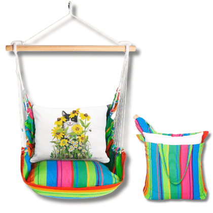 Multi colored outdoor swing crafted by the artisans of Magnolia Casual called the Swing Set 4 piece Le Jardin Nouveau w/ Cat with Daisies featuring 100 percent weather resistant fabric, weather resistant polyester fabric, handcrafted shown against a clean backdrop featuring with a cat motif.