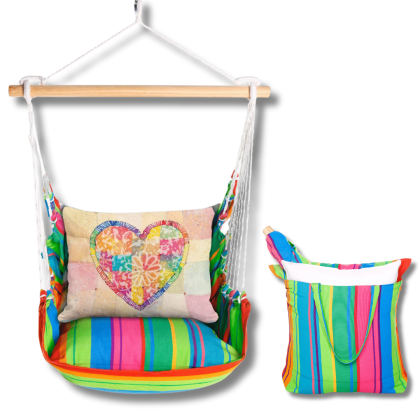 Multi colored outdoor swing crafted by the artisans of Magnolia Casual called the Swing Set 4 piece Le Jardin Nouveau w/ Colorful Heart featuring 100 percent weather resistant fabric, weather resistant polyester fabric, handcrafted shown against a clean backdrop.