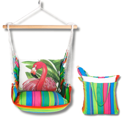 Pink outdoor swing crafted by the artisans of Magnolia Casual called the Swing Set 4 piece Le Jardin Nouveau w/ Flamingo Pink featuring 100 percent weather resistant fabric, weather resistant polyester fabric, handcrafted shown against a clean backdrop featuring shades of pink.