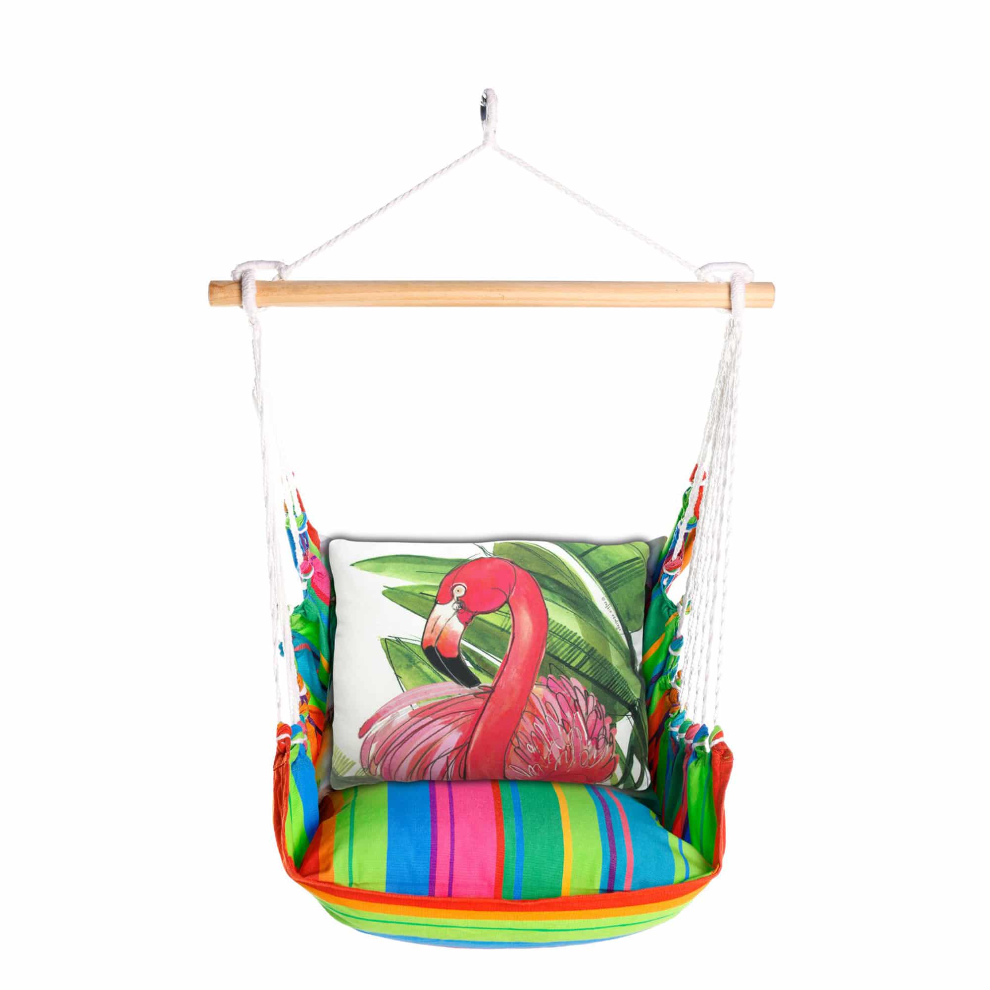 Pink outdoor swing crafted by the artisans of Magnolia Casual called the Swing Set 4 piece Le Jardin Nouveau w/ Flamingo Pink featuring 100 percent weather resistant fabric, weather resistant polyester fabric, handcrafted shown against a clean backdrop featuring shades of pink.