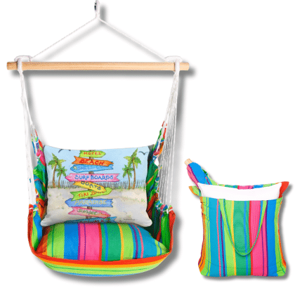 Multi colored outdoor swing crafted by the artisans of Magnolia Casual called the Swing Set 4 piece Le Jardin Nouveau w/ Beach Signs featuring 100 percent weather resistant fabric, weather resistant polyester fabric, handcrafted shown against a clean backdrop.