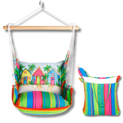 Multi colored outdoor swing crafted by the artisans of Magnolia Casual called the Swing Set 4 piece Le Jardin Nouveau w/ Colorful Beach Cottages featuring 100 percent weather resistant fabric, weather resistant polyester fabric, handcrafted shown against a clean backdrop.