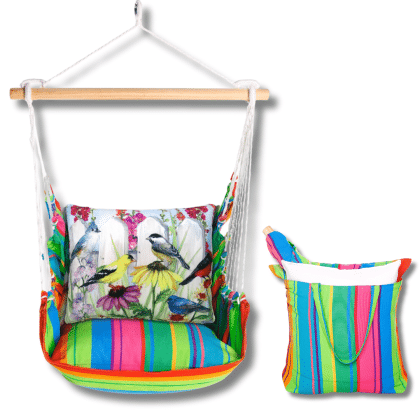 Multi colored outdoor swing crafted by the artisans of Magnolia Casual called the Swing Set 4 piece Le Jardin Nouveau w/ Bird's Song featuring 100 percent weather resistant fabric, weather resistant polyester fabric, handcrafted shown against a clean backdrop featuring with a bird motif.