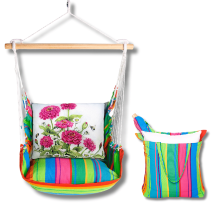 Pink outdoor swing crafted by the artisans of Magnolia Casual called the Swing Set 4 piece Le Jardin Nouveau w/ Pink Zinnias featuring 100 percent weather resistant fabric, weather resistant polyester fabric, handcrafted shown against a clean backdrop featuring shades of pink.