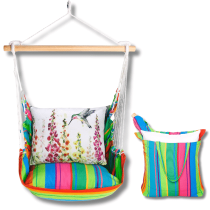 Multi colored outdoor swing crafted by the artisans of Magnolia Casual called the Swing Set 4 piece Le Jardin Nouveau w/ Foxgloves with Hummingbird featuring 100 percent weather resistant fabric, weather resistant polyester fabric, handcrafted shown against a clean backdrop featuring with a hummingbird motif.