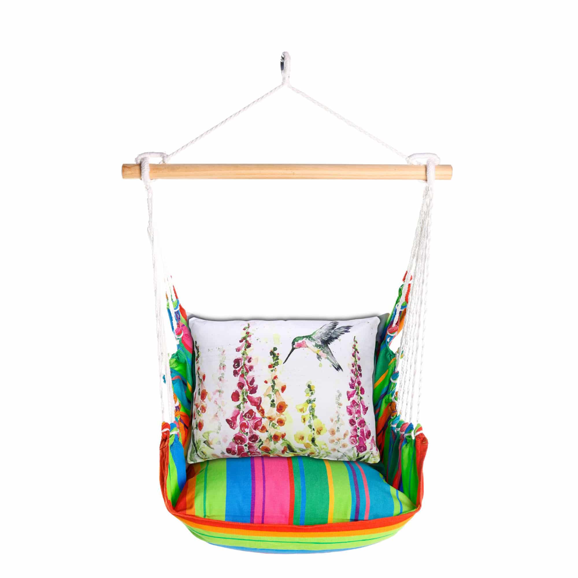 Multi colored outdoor swing crafted by the artisans of Magnolia Casual called the Swing Set 4 piece Le Jardin Nouveau w/ Foxgloves with Hummingbird featuring 100 percent weather resistant fabric, weather resistant polyester fabric, handcrafted shown against a clean backdrop featuring with a hummingbird motif.
