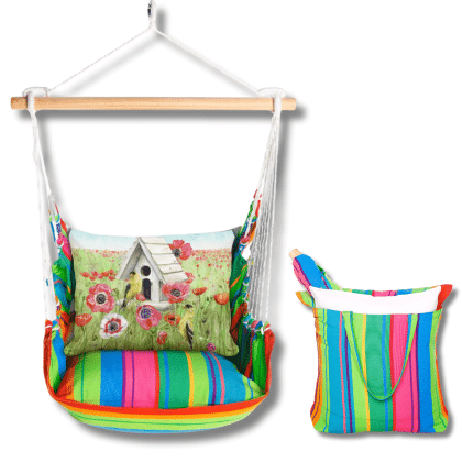 Yellow outdoor swing crafted by the artisans of Magnolia Casual called the Swing Set 4 piece Le Jardin Nouveau w/ Yellow Birds and Poppy Field featuring 100 percent weather resistant fabric, weather resistant polyester fabric, handcrafted shown against a clean backdrop featuring shades of yellow.