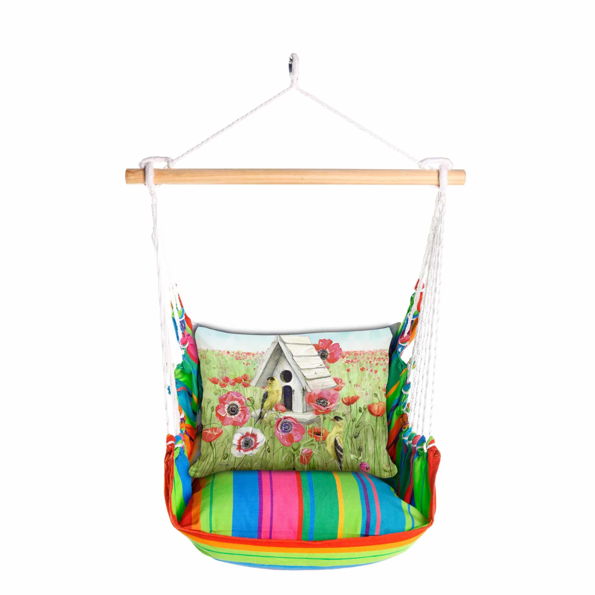 Yellow outdoor swing crafted by the artisans of Magnolia Casual called the Swing Set 4 piece Le Jardin Nouveau w/ Yellow Birds and Poppy Field featuring 100 percent weather resistant fabric, weather resistant polyester fabric, handcrafted shown against a clean backdrop featuring shades of yellow.