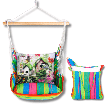 Multi colored outdoor swing crafted by the artisans of Magnolia Casual called the Swing Set 4 piece Le Jardin Nouveau w/ Garden Birdhouses featuring 100 percent weather resistant fabric, weather resistant polyester fabric, handcrafted shown against a clean backdrop.
