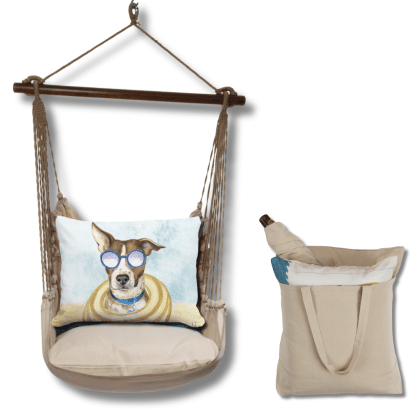 Multi colored outdoor swing crafted by the artisans of Magnolia Casual called the Swing Set 4 piece Latte Solid w/ Cool Dog featuring 100 percent weather resistant fabric, weather resistant polyester fabric, handcrafted shown against a clean backdrop featuring with a dog motif.