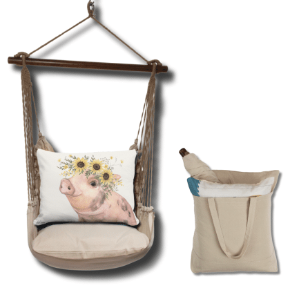 Multi colored outdoor swing crafted by the artisans of Magnolia Casual called the Swing Set 4 piece Latte Solid w/ Pig with Sunflowers featuring 100 percent weather resistant fabric, weather resistant polyester fabric, handcrafted shown against a clean backdrop.